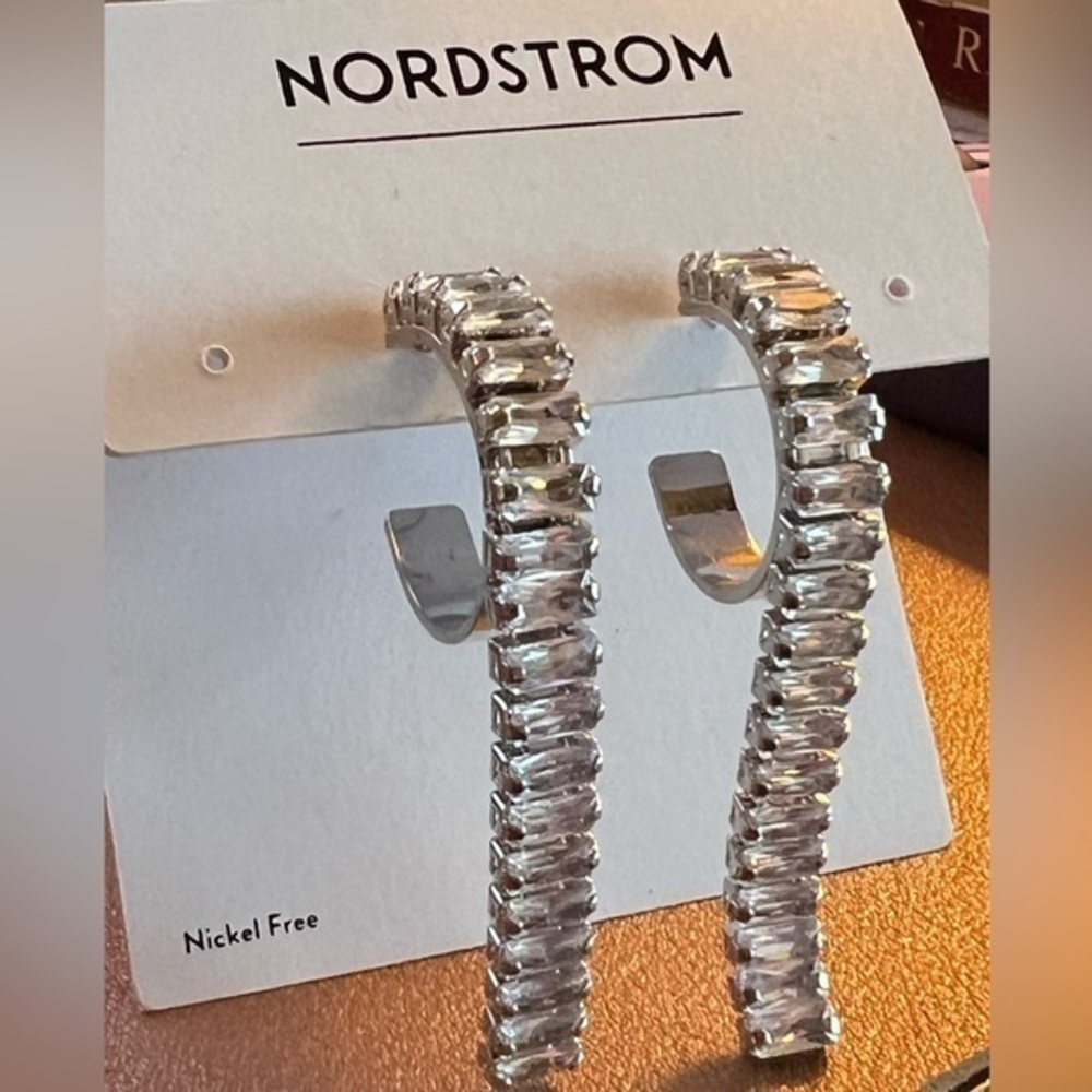 NORDSTROM Silver Baguette Crystal Hoop Fringe Statement Earrings
